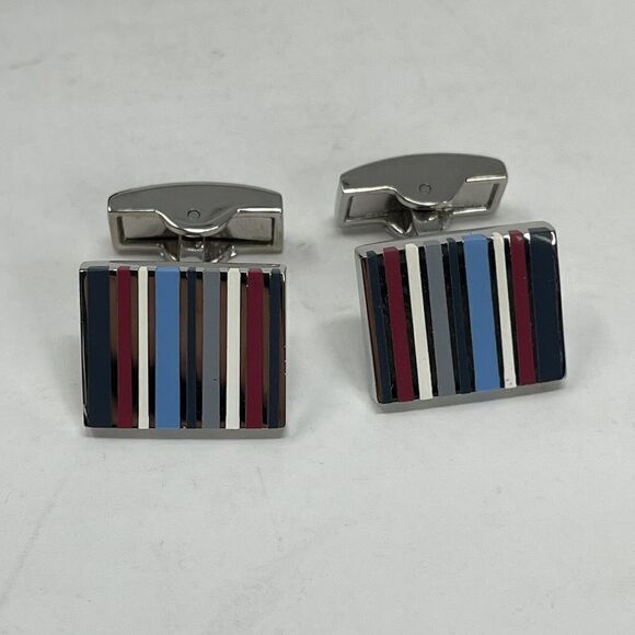 TR Cufflinks Mens Silvertone Stripe Blue Gray Red White Square In-Box - Picture 7 of 8